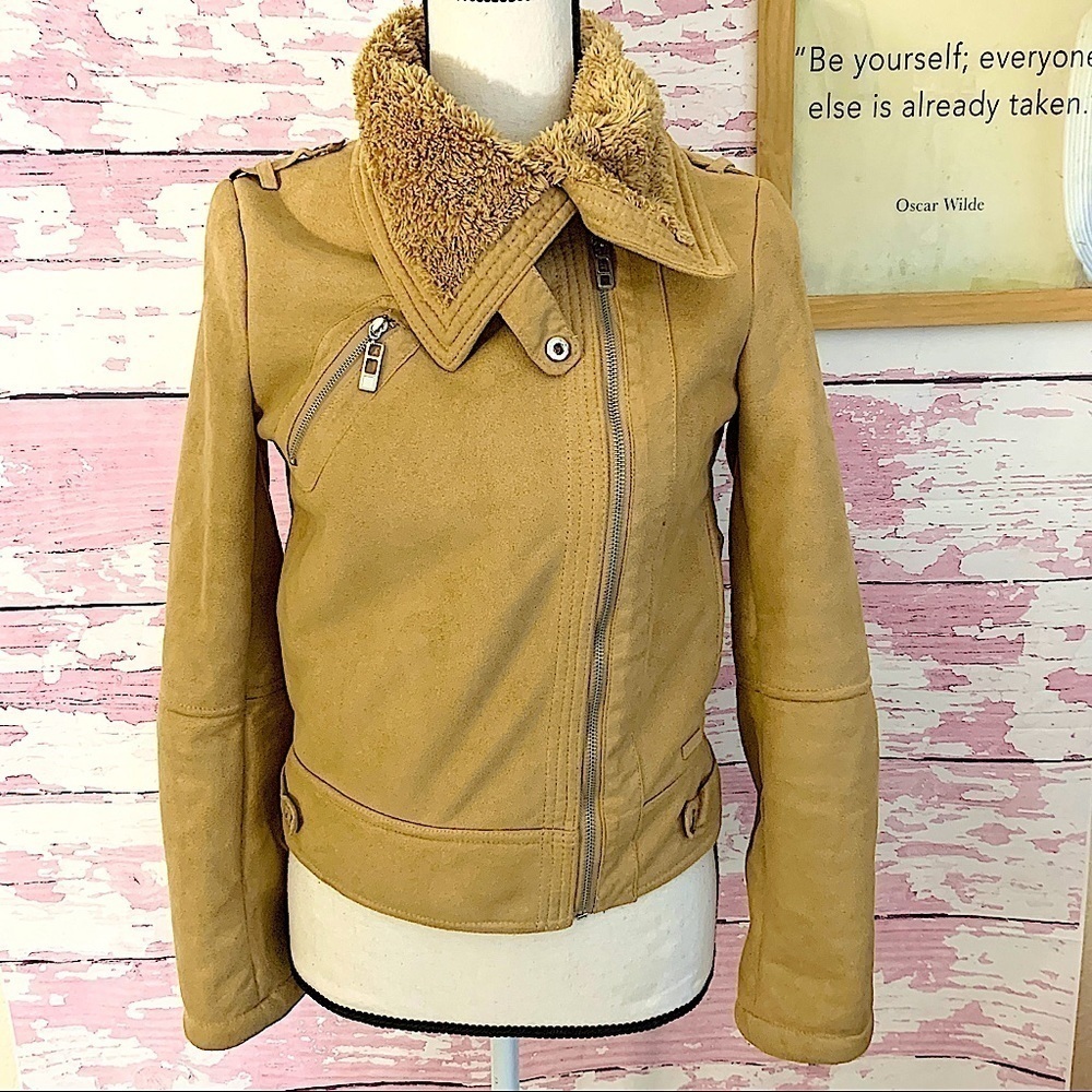 CLUSTER TAN Cowl Neck Tan Zip Up Jacket Medium